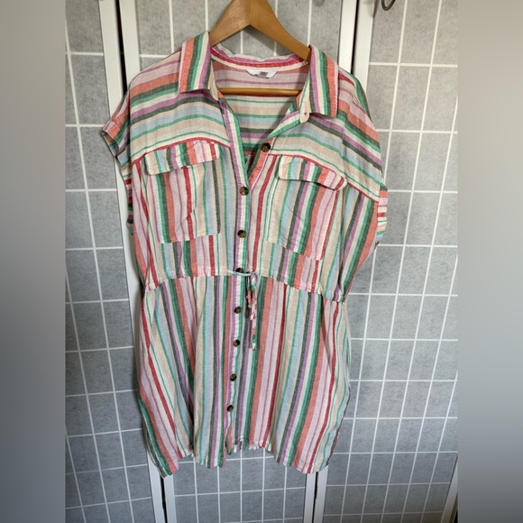 Time & Thru striped linen knee length dress, multi color pink, XXXL. - Picture 1 of 3